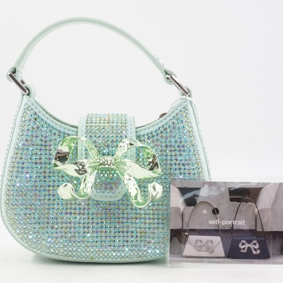 Self-Portrait Handbags - NWT [Self-Portrait] Crescent Bow Rhinestone Top Handle Mini Bag w Chain, Green